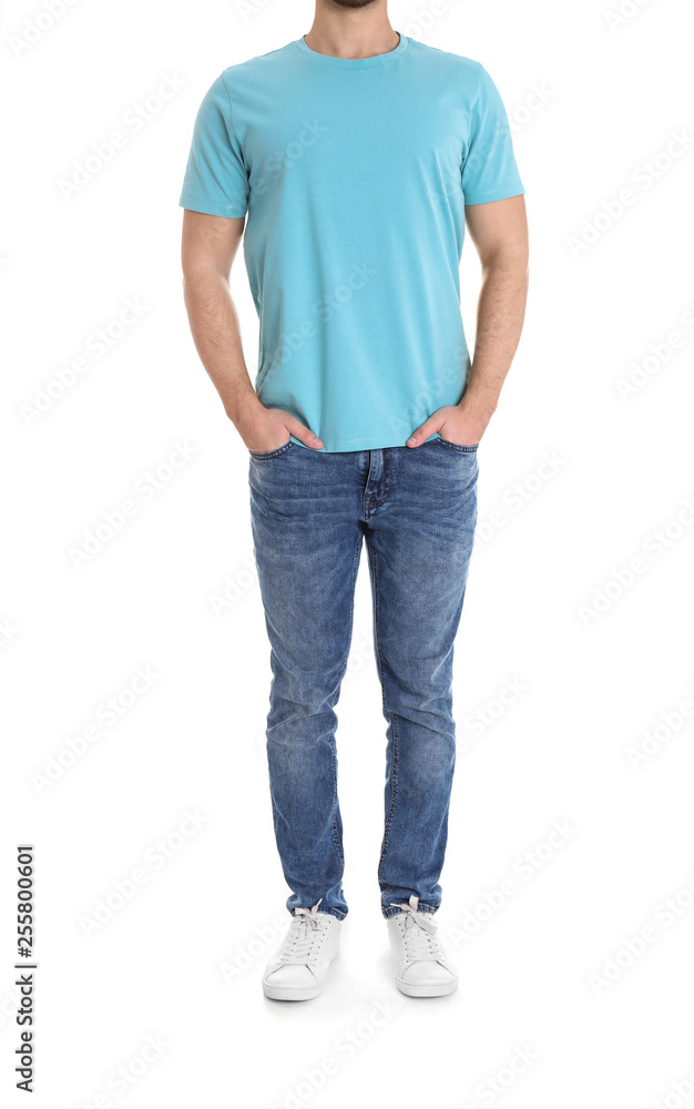 Young man on white background, closeup. Weight loss Young man on white background, closeup. Weight loss
