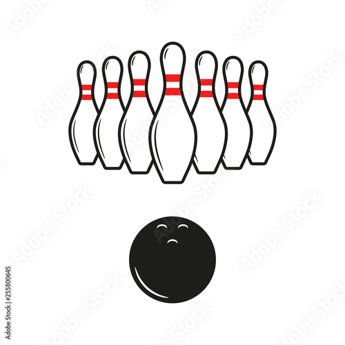 Bowling pins and ball. Vector illustration. Isolated.