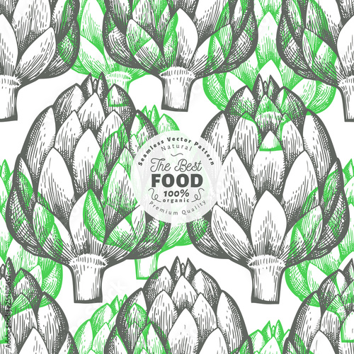 Artichoke vegetable seamless pattern. Hand drawn vector food illustration. Engraved style vegetable. Retro botanical background.