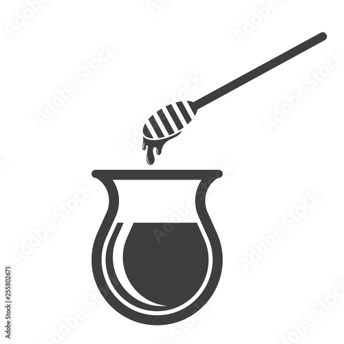 Icon honey pot and stick for honey. Vector on white background