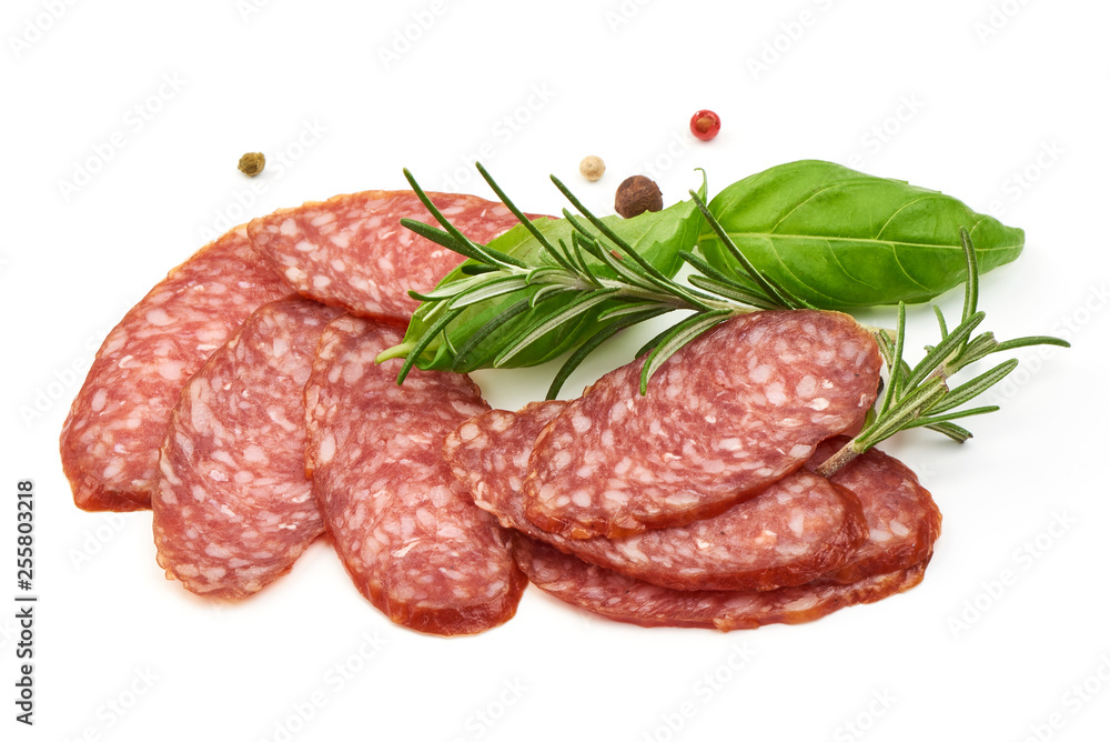 Dried Sausage with herbs, close-up, isolated on white background Dried Sausage with herbs, close-up, isolated on white background
