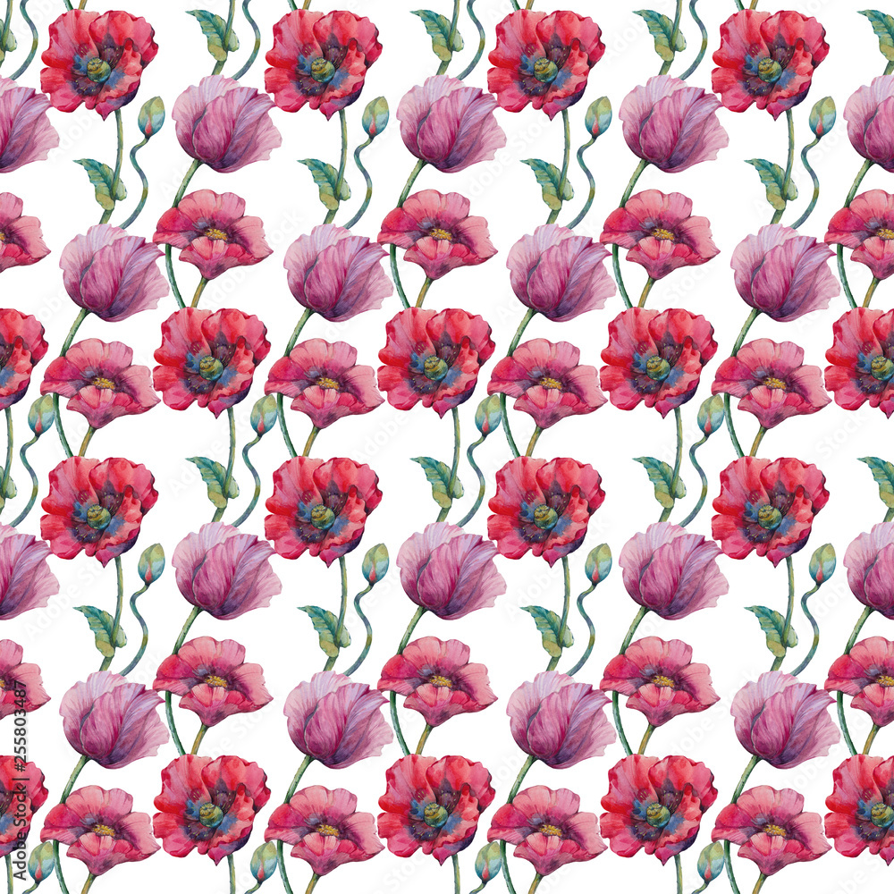 Poppies Seamless Pattern. Watercolor wild red poppies. Surface design for interior decoration, printed issues, invitation cards. Poppies Seamless Pattern. Watercolor wild red poppies. Surface design for interior decoration, printed issues, invitation cards.