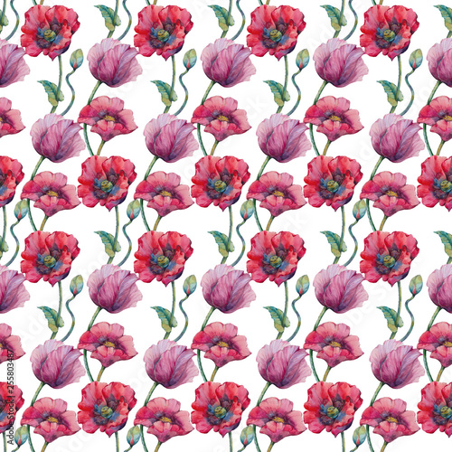 Poppies Seamless Pattern. Watercolor wild red poppies. Surface design for interior decoration, printed issues, invitation cards.