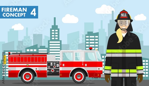 Fireman concept. Detailed illustration of woman firefighter and fire truck in flat style on background with cityscape. Vector illustration.
