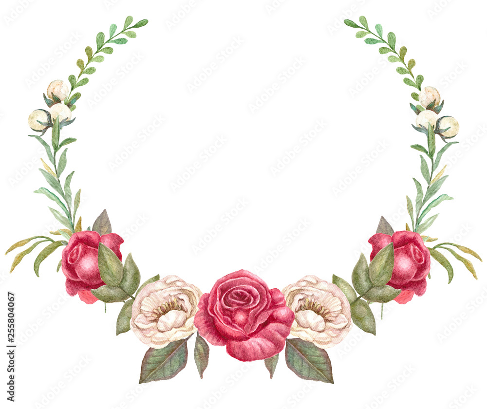 Vintage red roses wreath, watercolor floral frame, realistic flowers illustration.