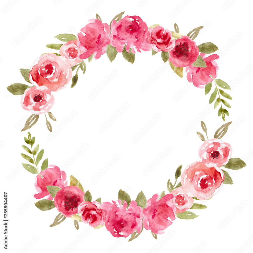 Fototapeta premium Watercolor floral wreath with pink flowers. Rose frame, hand painted illustration.