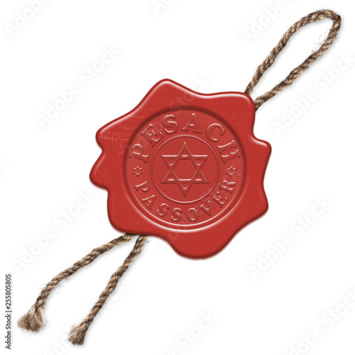 Red wax seal (stamp) with signs inside PESACH - Passover and David Star. Illustration without reference isolated on a white background