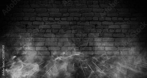 Background of empty brick old wall, spotlight, neon light, smoke