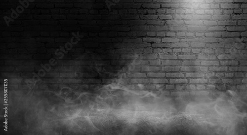 Background of empty brick old wall, spotlight, neon light, smoke