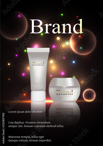Vector realistic cosmetic ads poster. Smart night skin care cosmetics with wheat collagen next to ears on dark background with DNA helix. Product for skin beauty, mock up for glossy magazine, catalog