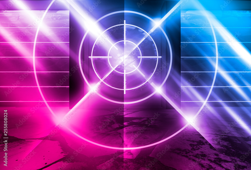 Futuristic abstract background. Empty room background, concrete. Neon blue and pink light smoke. Laser lines, laser target in the center of the room. Futuristic abstract background. Empty room background, concrete. Neon blue and pink light smoke. Laser lines, laser target in the center of the room.
