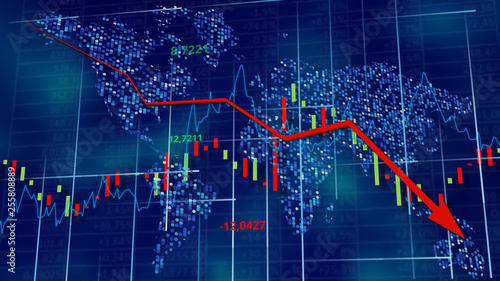 Blue hi-tech background - stock diagrams with falling arrow. World map behind digits, line and tables. Data wallpaper. 3D rendering.