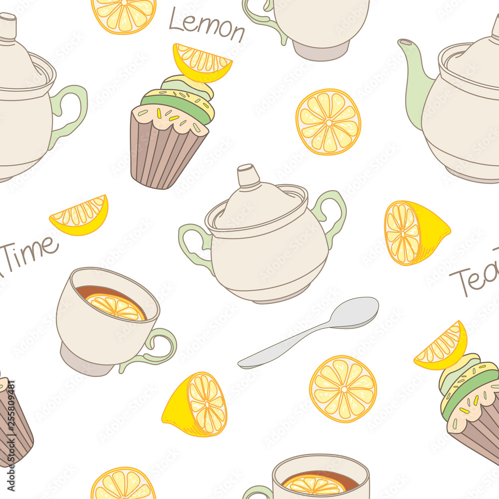 Vector seamless pattern with teapots, cups of tea, lemons on a white background. Endless texture for wallpaper, web page background, wrapping paper.