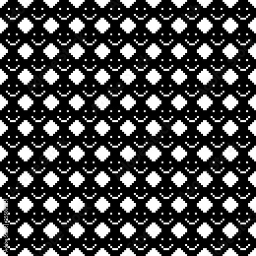 Seamless pattern with smile icons. Pixel art.