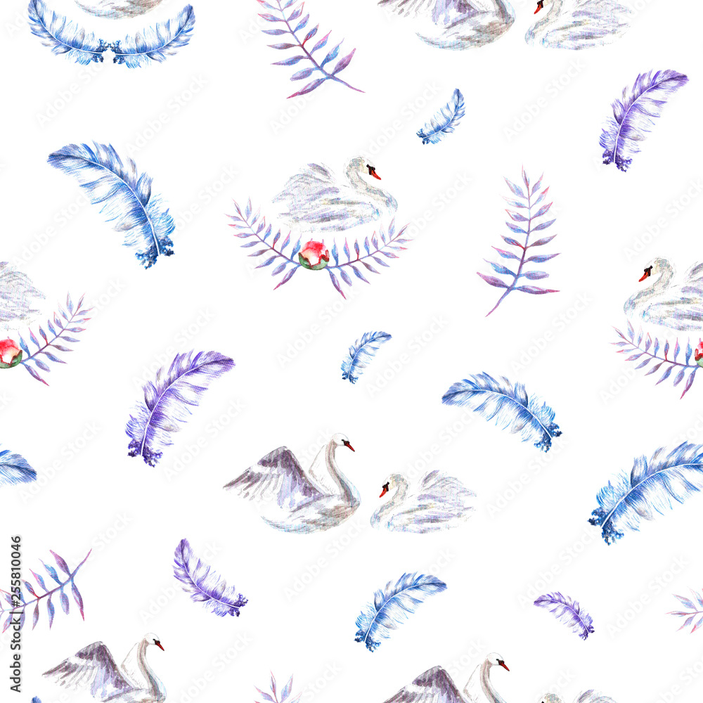 Fototapeta premium Seamless pattern with watercolor hand painted swans, feathers, twigs