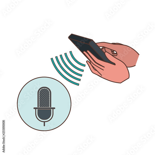 hands with smartphone and voice assistant