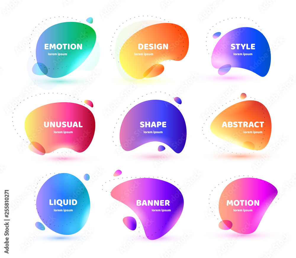 Set of Modern abstract vector banner. Flat geometric colorful liquid shape. Colored design template of a logo, flyer, banner, presentation. Concept design for business. Isolated vector illustration. Set of Modern abstract vector banner. Flat geometric colorful liquid shape. Colored design template of a logo, flyer, banner, presentation. Concept design for business. Isolated vector illustration.