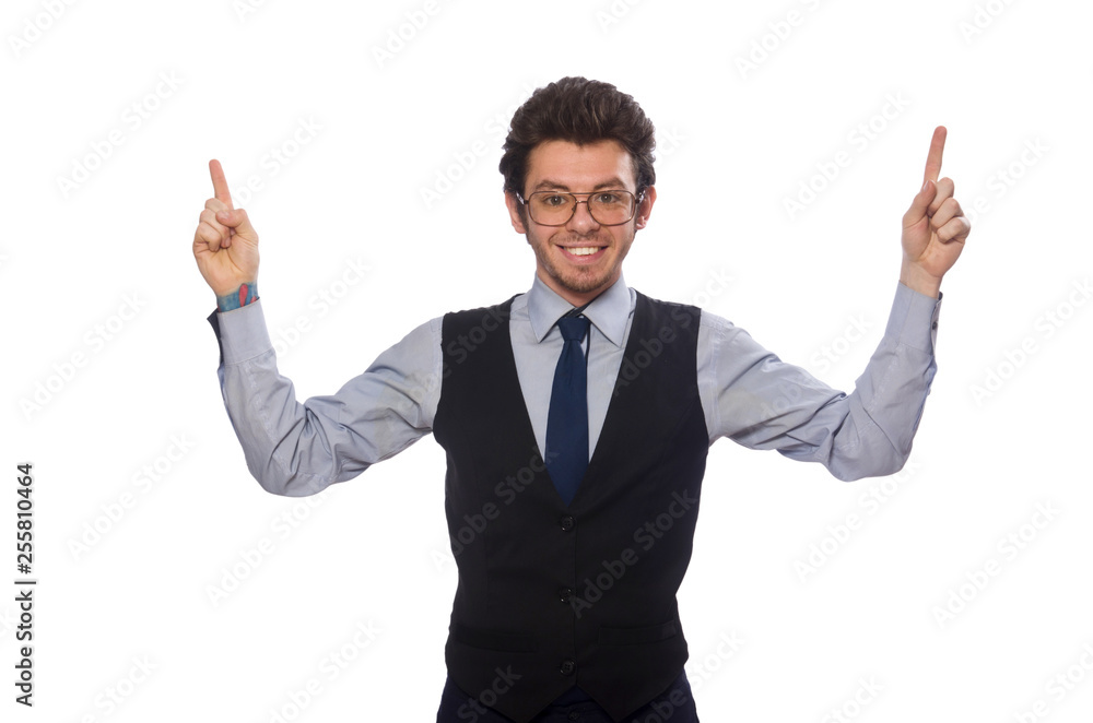 Young businessman in funny concept on white Young businessman in funny concept on white