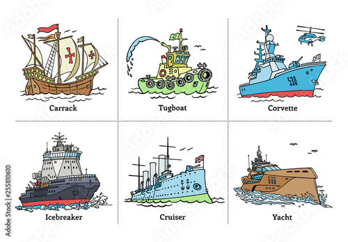 Illustration of color drawing sketch ships with yacht, icebreaker, corvette, tugboat, carrack and cruiser Aurora.