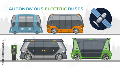 Vector autonomous self drive electric buses vehicle mockup with communication satellite and charge station on a city background.