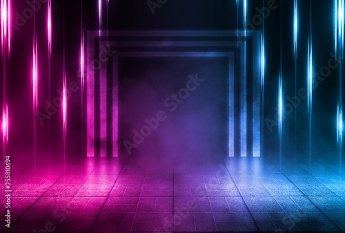 Background of empty street at night. Concrete paving slabs, illuminated by the light of multi-colored neon lamps. Fog, smoke