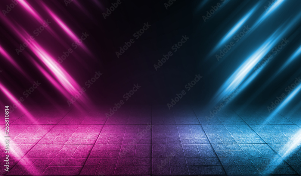 Background of empty street at night. Concrete paving slabs, illuminated by the light of multi-colored neon lamps. Fog, smoke Background of empty street at night. Concrete paving slabs, illuminated by the light of multi-colored neon lamps. Fog, smoke