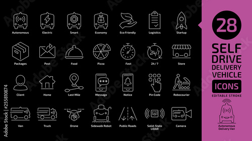 Self drive delivery vehicle editable stroke line icon set on a black background. Autonomous van car, drone and truck for packages and food transportation outline pictogram.