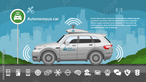 Autonomous driverless car vector illustration. Self drive smart sensor safety automated vehicle with icons and city background.