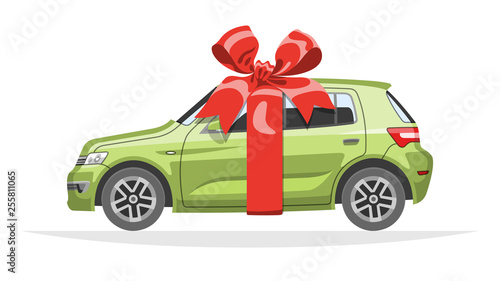 Mockup hatchback car gift for present with red bow and ribbon. The ability to easily change the color.