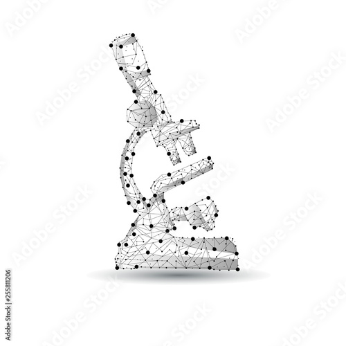 microscope icon in low poly style consisting of points, lines, and shapes in the form of planets, stars and the universe