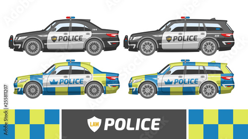 Flat colorful police car. Vector illustration sedan and station wagon patrol. Different safety automobile set. Protection vehicles.