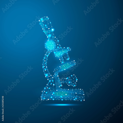 microscope icon in low poly style consisting of points, lines, and shapes in the form of planets, stars and the universe