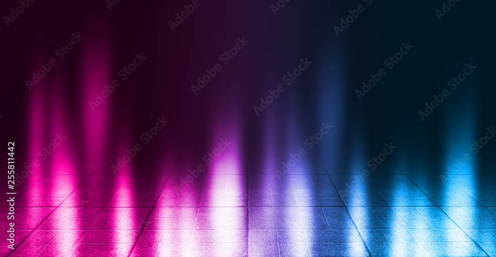 Background of empty street at night. Concrete paving slabs, illuminated by the light of multi-colored neon lamps. Fog, smoke