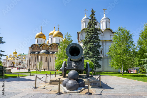 Tsar Cannon, Patriarshy Cathedral and Cathedral of the Dormition (Uspensky Sobor) in Moscow Kremlin, Russia