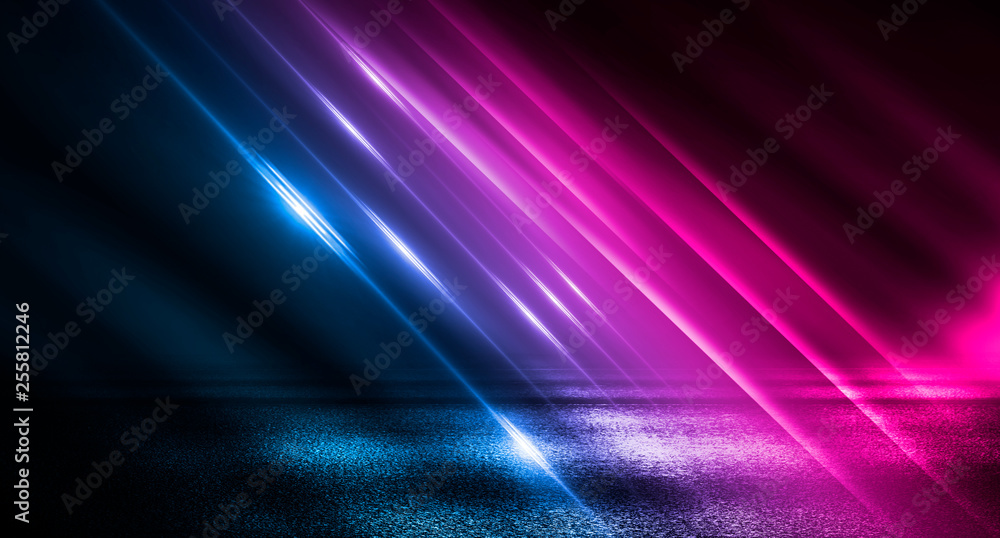 Background of empty room with concrete pavement. Blue and pink neon light. Smoke, fog, wet asphalt with reflection of lights - obrazy, fototapety, plakaty 