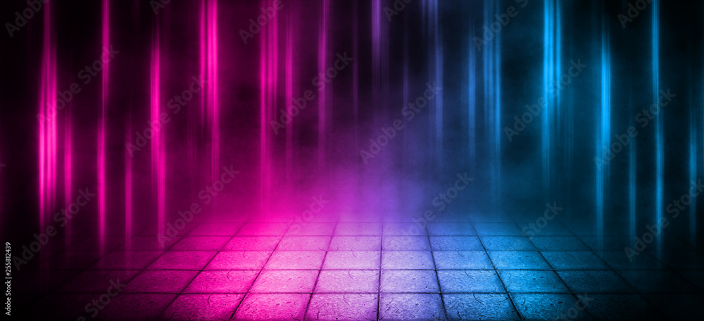 Background of empty street at night. Concrete paving slabs, illuminated by the light of multi-colored neon lamps. Fog, smoke Background of empty street at night. Concrete paving slabs, illuminated by the light of multi-colored neon lamps. Fog, smoke