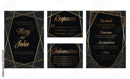 Wedding invite, details, rsvp, label save the date card. Luxury Set of elegant brochure,wedding card, background, cover. Black and golden marble texture.Geometric frame.Trendy wedding invitation.