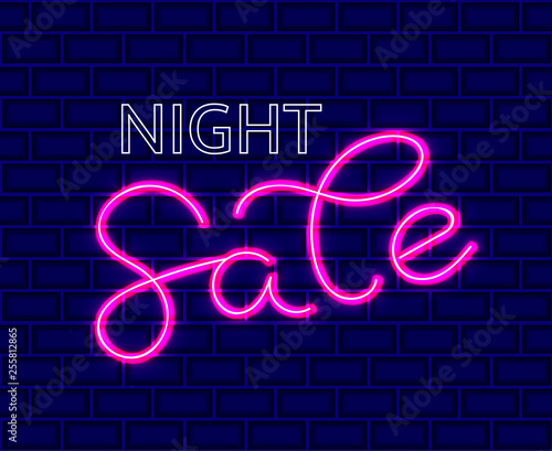 Brick wall with night sale neon lettering. Vector illustration.