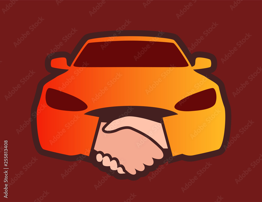 Front view of Car with Handshakes - Creative Emblem. Badge with Auto illustrating deal.