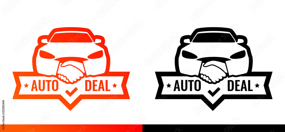 Obraz premium Logo for Dealership. Car front with Handshake symbol illustrating deal of Auto Sale. Vector emblem isolated on white background.