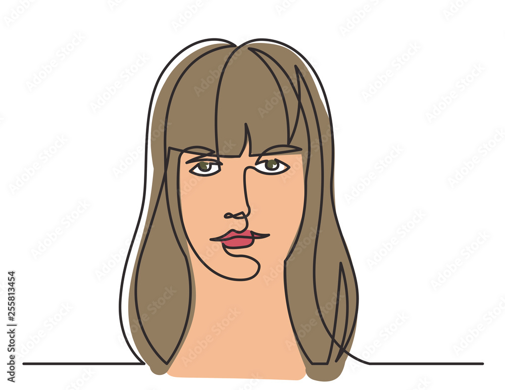 continuous line drawing of woman with long hair on white background