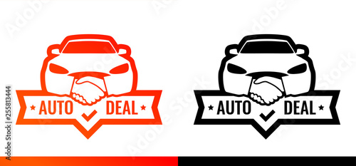Logo for Dealership. Car front with Handshake symbol illustrating deal of Auto Sale. Vector emblem isolated on white background.
