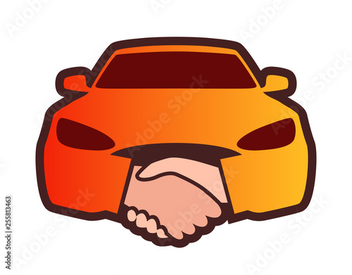 Colorful Print, element design for Logo of Dealership. Front view of Car with Handshakes. Orange colorful emblem on white background for Stickers, Logotype, Prints and Social media using.