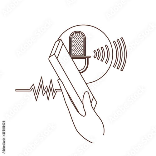 hand with smartphone and voice assistant