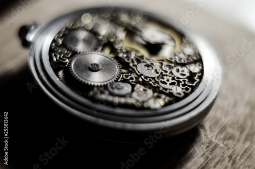 Skeleton watch. skeletonization vintage antique pocket watches. stylized skull on the clockwork. mechanical watch, in which all of the moving parts are visible through, jewelry work.