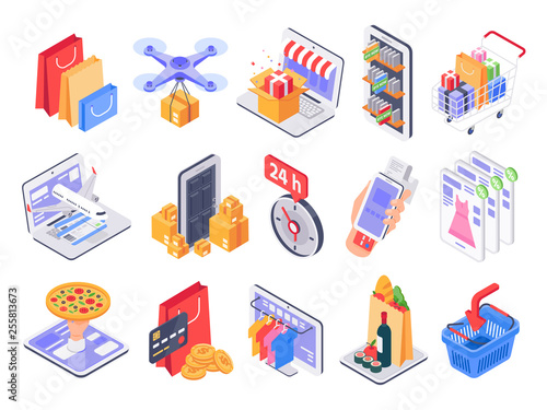 Isometric shopping. Online shop, market delivery and store sales. Internet purchasing and grocery products 3d vector illustration set