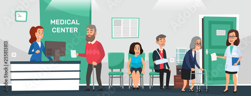 Clinic reception. Hospital patients, doctor waiting room and people wait doctors medical care cartoon vector illustration