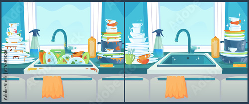 Washing dishes in sink. Dirty dish in kitchen, clean plates and messy dinnerware cartoon vector illustration