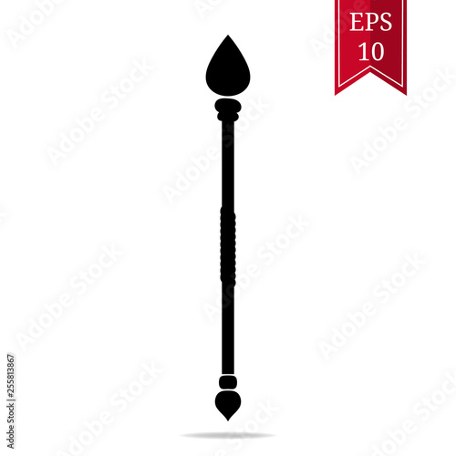 Silhouette Staff Icon isolated on white background. Magic Wand Weapon. Common Grade Mage Wand. Vector Illustration for Design, Game, Card, Web.