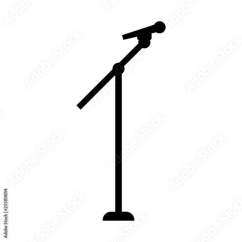 Black Silhouette Stage Microphone and Stand isolated on white background. Vector illustration for Your Design.